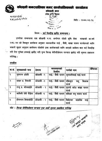 कृषि सेवा कार्यक्रमहरुको सर्ट लिस्टिंग छनौट सम्बन्धमा 