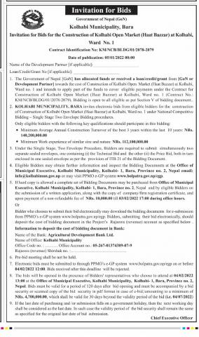 Invitation for Bids for construction of Kolhabi open market(Haat Bazar) Ward 1