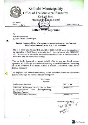 Issuance of Letter of Acceptance to award the contract KM/NCB/ROAD/01/2080-081