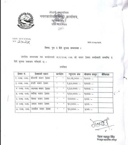 बजार ठेक्काको बन्दोबस्त सम्बन्धी पुन ३ दिन सूचना सम्बन्धी